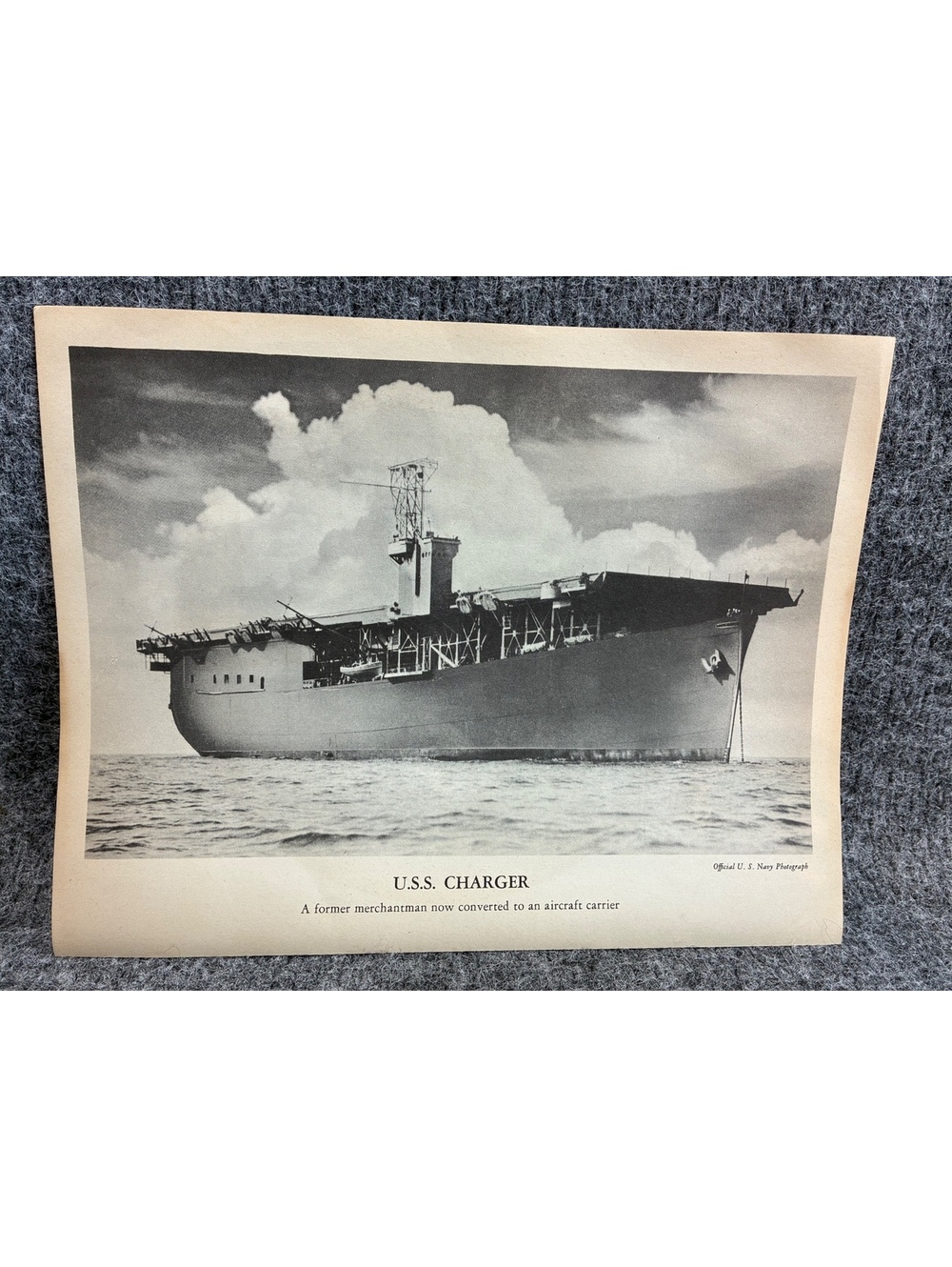 Vintage Official U.S. Navy Photograph of U.S.S. Charger Aircraft Carrier